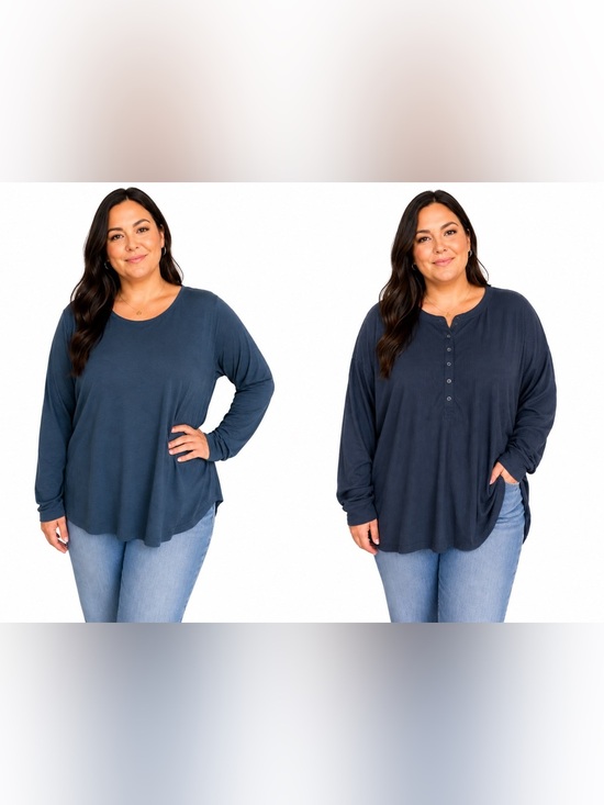 aerie Tops - aerie Henley Top and Leo & Nicole Long-Sleeve Scoop Top in Slate Blue